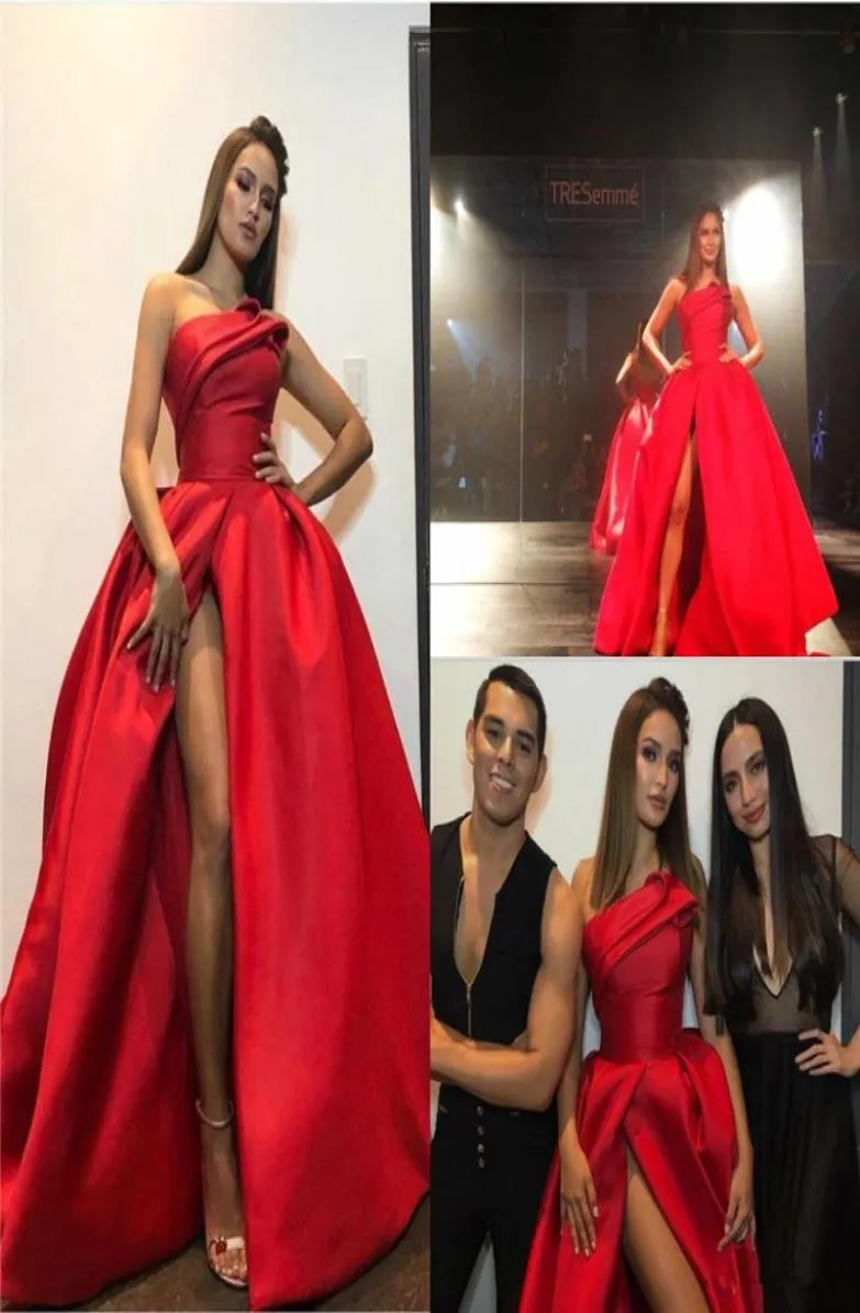 New Fashion Red Plus Size Evening Dresses 2019 Сексуальные высокие расщепленные бретелек для бального платья выпускное платье платье без спинки длина пола знаменитость 7907007