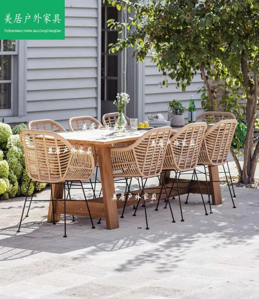 BB Outdoor Dining Chair Rattan Iron Leisure Solid Wood Table Combination Simple Modern Garden Camp Furniture5942851