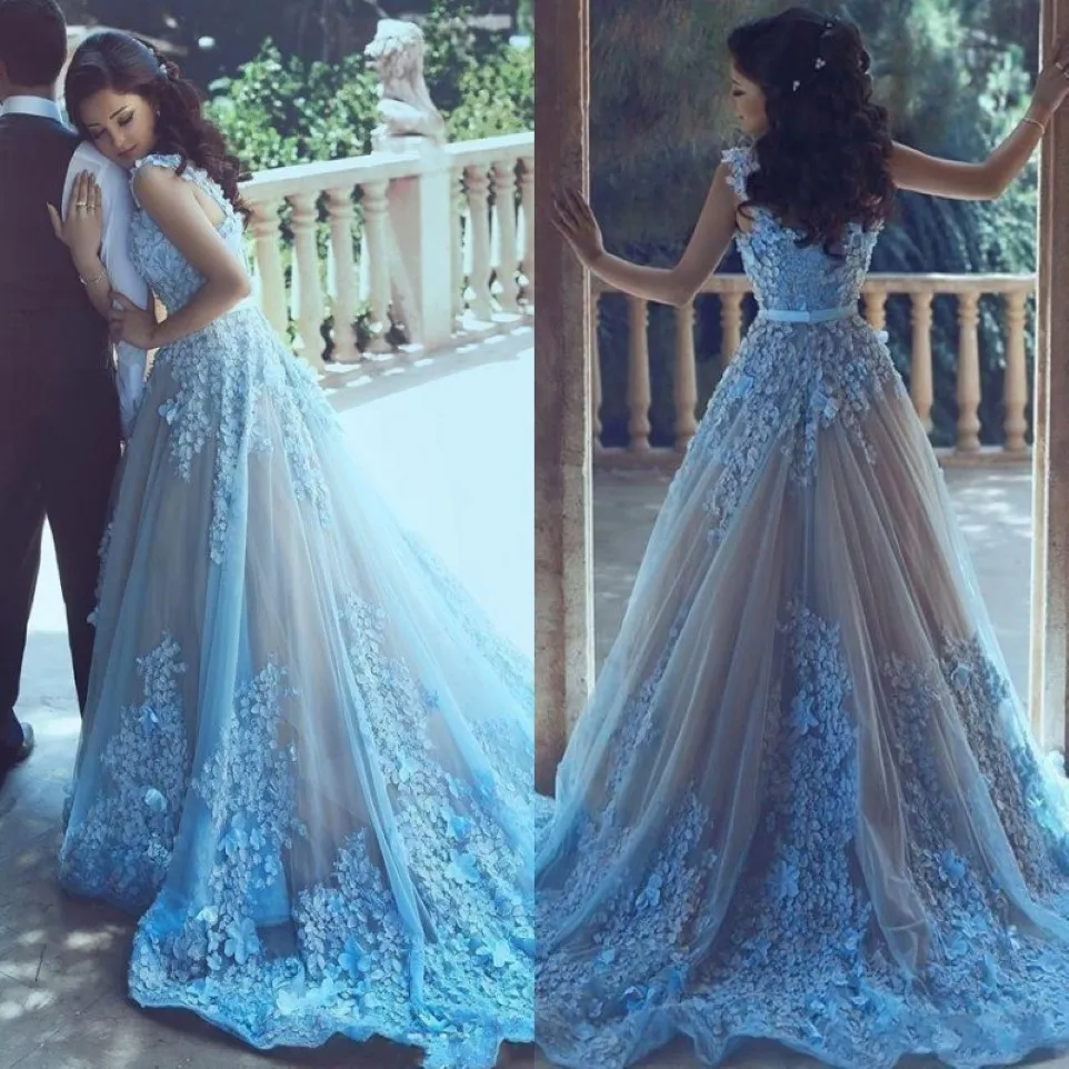 Ciel bleu 3d fleur arabe femmes robes de bal avec ceinture de la taille de taille 2017 robe de fête du soir long tulle bijou vestido de festa 303j