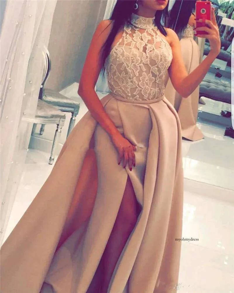 Arabiska Dubai High Neck Lace Long Prom Dresses Overkirt Sidsplit aftonklänningar Satin Vestido de Festa Longo Party klänningar 0510
