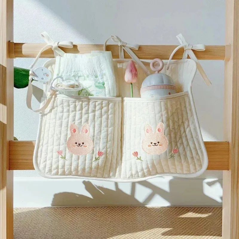 Baby Crib Organizer Storage Bags bron Cotton Bed Storage Diaper Bag Caddy Organizer Hanging Bags for Infant Bedding Set 240509