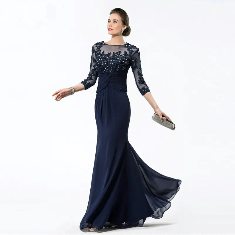 Long Navy Blue Mother of the Bride Dresses 2019 Chiffon Perline Appliques corpetto Sheer 3 4 maniche madri Abiti da sera 193J