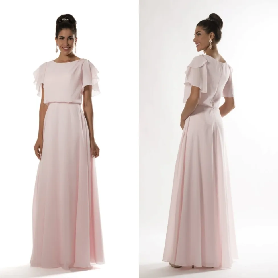 Robes de demoiselle d'honneur modestes modestes de rose clair avec manches de flottement en ligne A-line Longueur formelle soirée Femmes de mariage robe de fête de mariage sur mesure 234Q