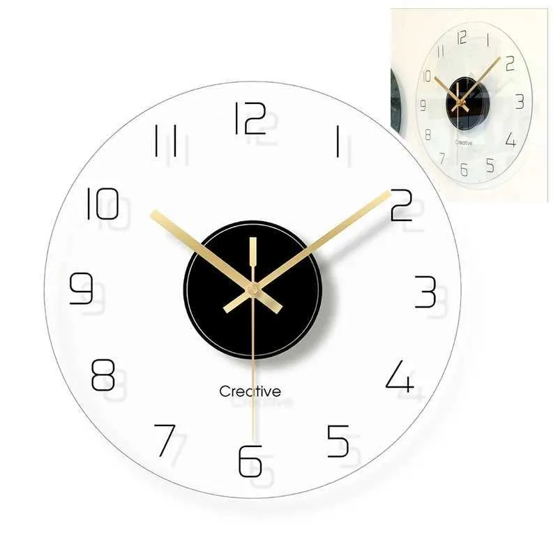 Horloges murales 12 pouces Nordic Glass Clock Wall Silent Modern Transparent Home Decoration Chadow Miroir Kitchen Living Room Q240509