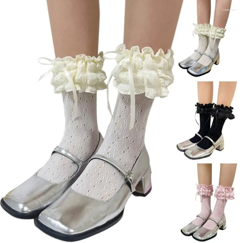 Women Socks Elegant Hollowed Out Lace Ribbon Bowknot Bubble Trim