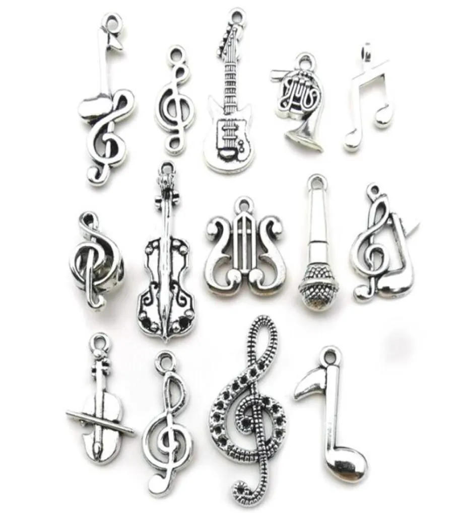 100pcs Charmes mixtes note de guitare musicale Piano French Horn Saxophone Antique Silver Pendent pour faire des boucles d'oreilles mignonnes Pendants Colliers2759420