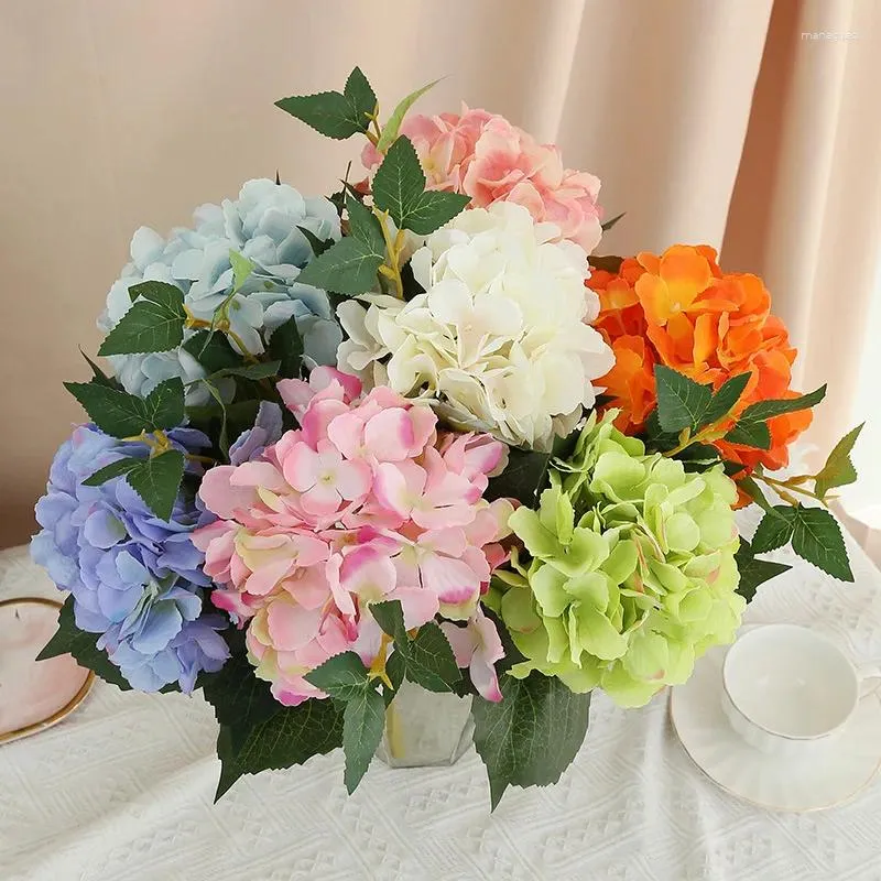 Decorative Flowers Artificial With Leaves Hydrangea Branches Silk Fake Flower Simulation Orange Hydrangeas Home Bedroom Decoration Plant