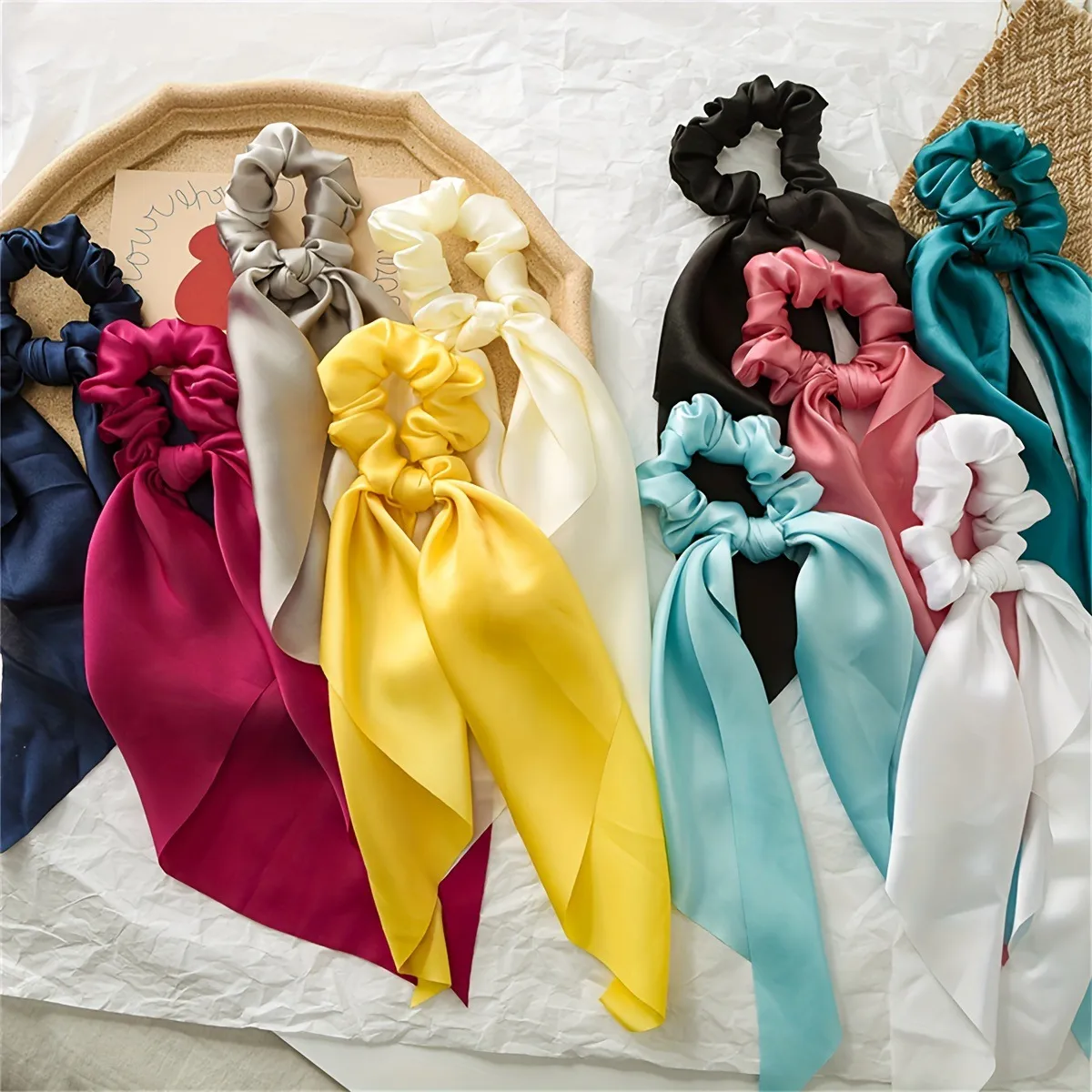 Solid Colors Satin Hair Scrunchie with Tail - Hair Scarf with Bow Hair Scarf Scrunchies Elastic Ties Bands Hair Bobbles Ponytail Holder for Women Hair Accessories