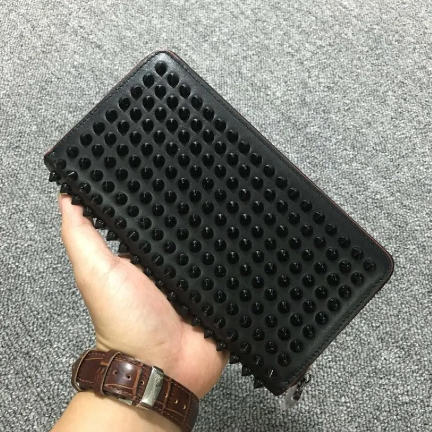 Women and Men Long Style Wallets Panelled Spiked Clutch Bags Patent Real Leather Rivets bag Clutches Long Purses with Spikes Wallets 272m