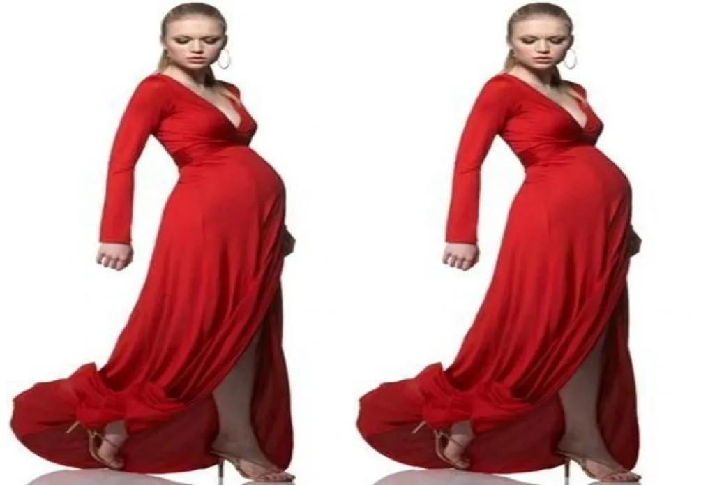 Élégants robes de soirée de maternité rouge gaine Empire Deep V Neck Prom Robes avec manches longues enceintes de fête de bal formelle Spli9091042