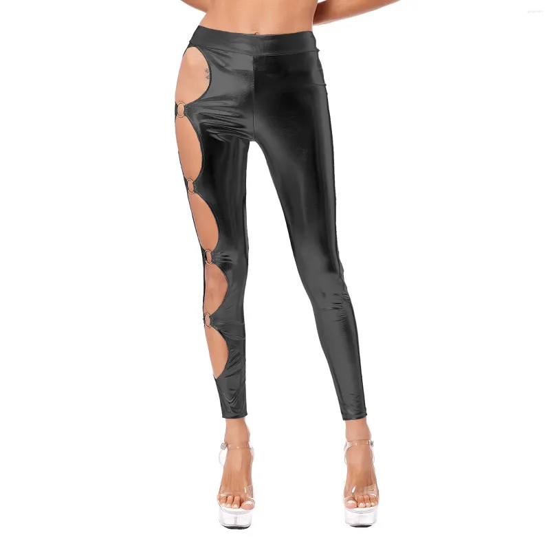 Women's Pants Womens Metallic Shiny PU Leather Side Hollow Out Tights Leggings High Waist O-Ring Stretch Yoga Long Skinny Punk Trousers