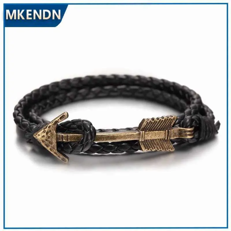 Charm Armband Mkendn Ny ankomst Multilayer Charm Leather Vintage Bronze Arrow Armband Anchor Armband For Men Women Lovers Gift Y240510