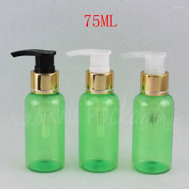 Garrafas de armazenamento 75ml Garrafa de plástico verde com bomba de loção dourada 75cc Gel / sub-atleta de recipiente cosmético vazio (43 PC / lote)