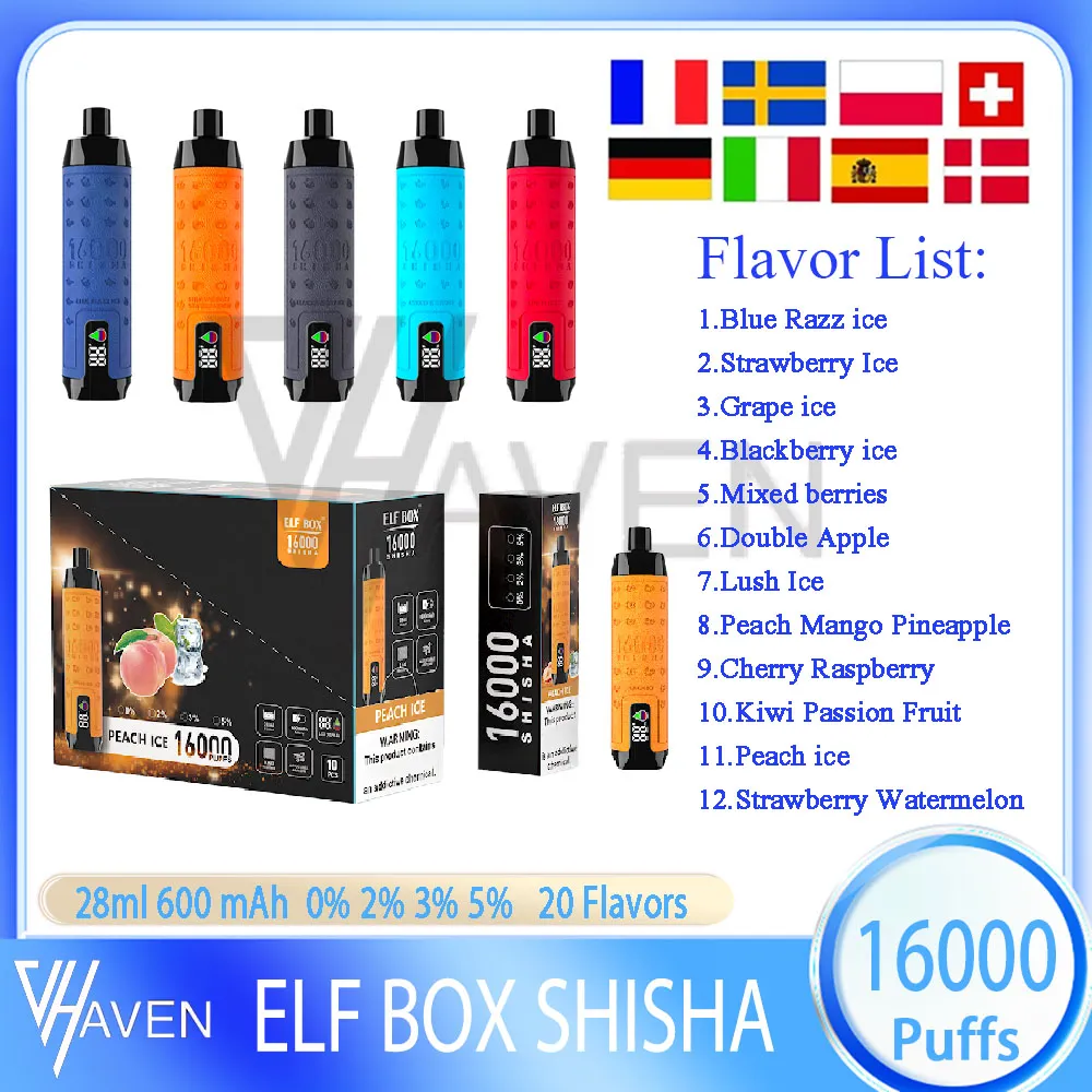 Oryginalne pudełko elf shisha 16000 batoniki jednorazowe e -papierosy 28 ml wstępnie wypełniona kaseta 600 mAh ładowalne prąty akumulatorowe 16K Vape Pen