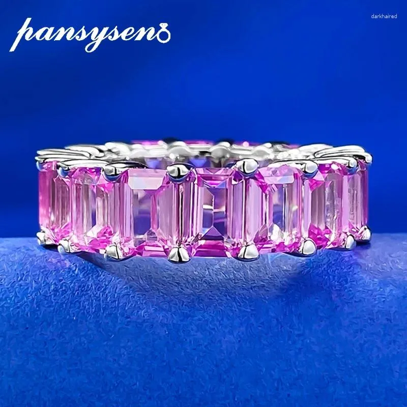 Ringos de cluster Pansysen 925 Sterling Silver 4x6mm Emerald Cut Pink Sapphire Gemstone Ring for Women 18k White Gold Plated Party Party