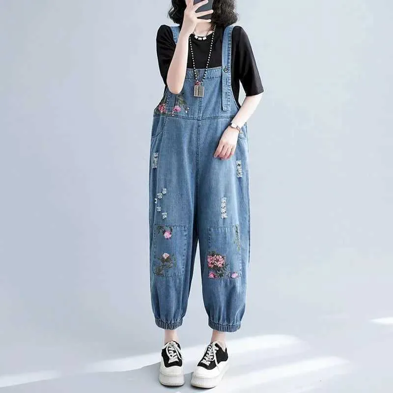 Women's Jumpsuits Rompers Denim Jumpsuits for Women Floral Printing Korean Style Harajuku Overalls One Piece Outfit Women Rompers Casual Vintage Playsuits Y240510