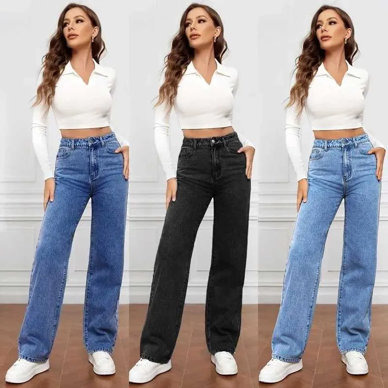 Women's Jeans Denim jeans womens straight pants washed high waisted loose pockets basic ankle length Y2k blue pantsL2405