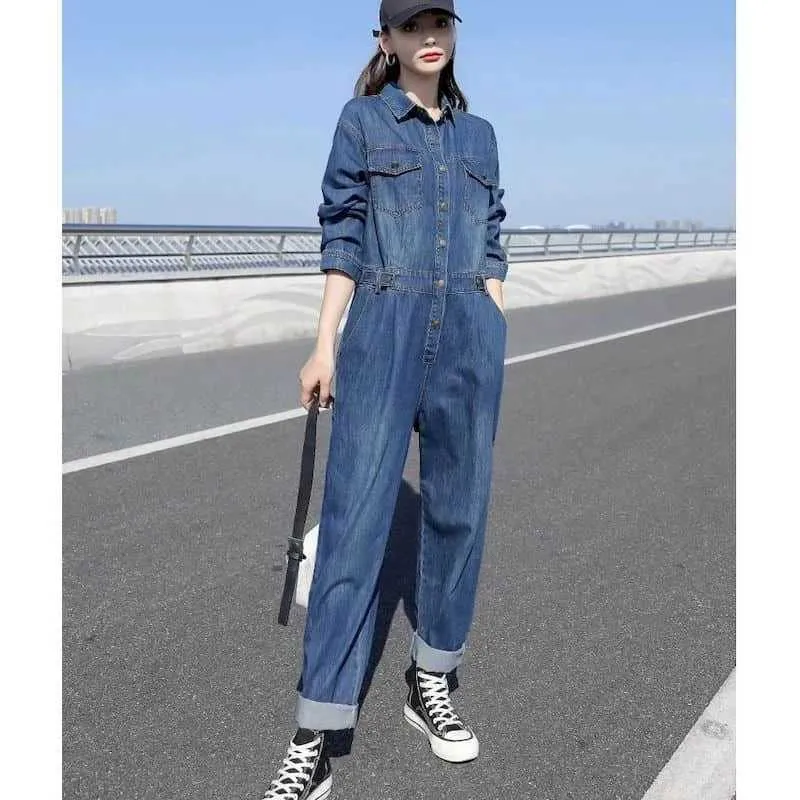 DHgate Oversized Loose Denim Jumpsuits Stylish One Piece Outfits for Women Blue Apparel