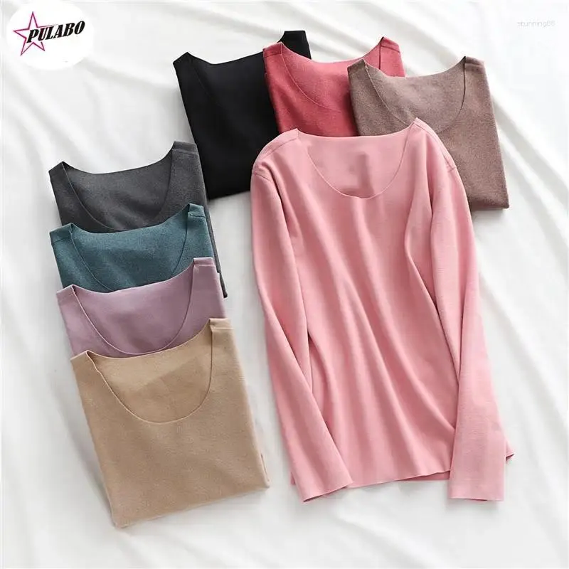 Kvinnors T-skjortor Pulabo Double-Side Seamless Thermal Top Women Underwear Padded Velvet Autumn Clothes Long-Sleeve Winter Bottom Shirt