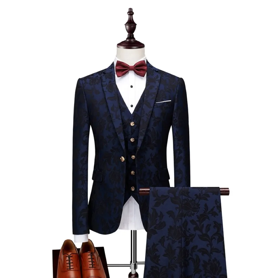 Nya herrarna med tryck med tryckmärke Navy Blue Floral Blazer Designs Paisley Blazer Slim Fit Suit Jacket Men Wedding Suits 278V