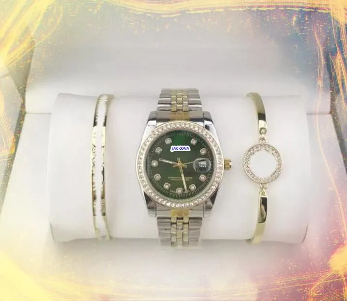 Met drie stukken accessoires geschenken trend roestvrij staal horloges mannen kwarts chronograaf klokdag datum tijd diamanten ring super waarde speical stijlen polshorloge