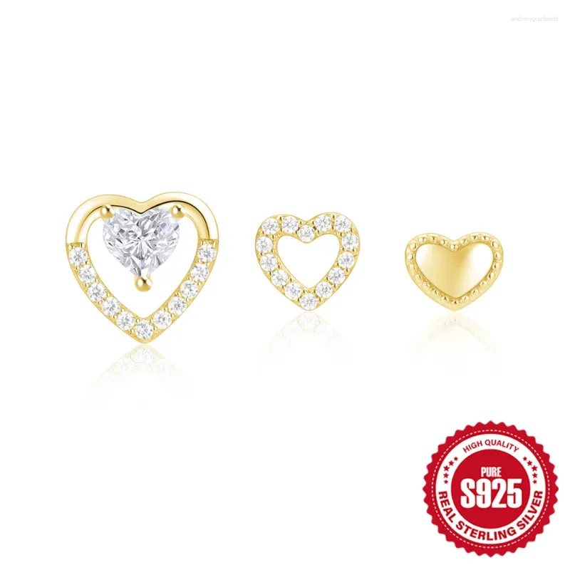 Orecchini per borchie AIDE 925 Sterling Silver 3pcs Set Oreno piercing a cuore vuoto lucido per donne 18k oro semplice gioielli di alta qualità di alta qualità