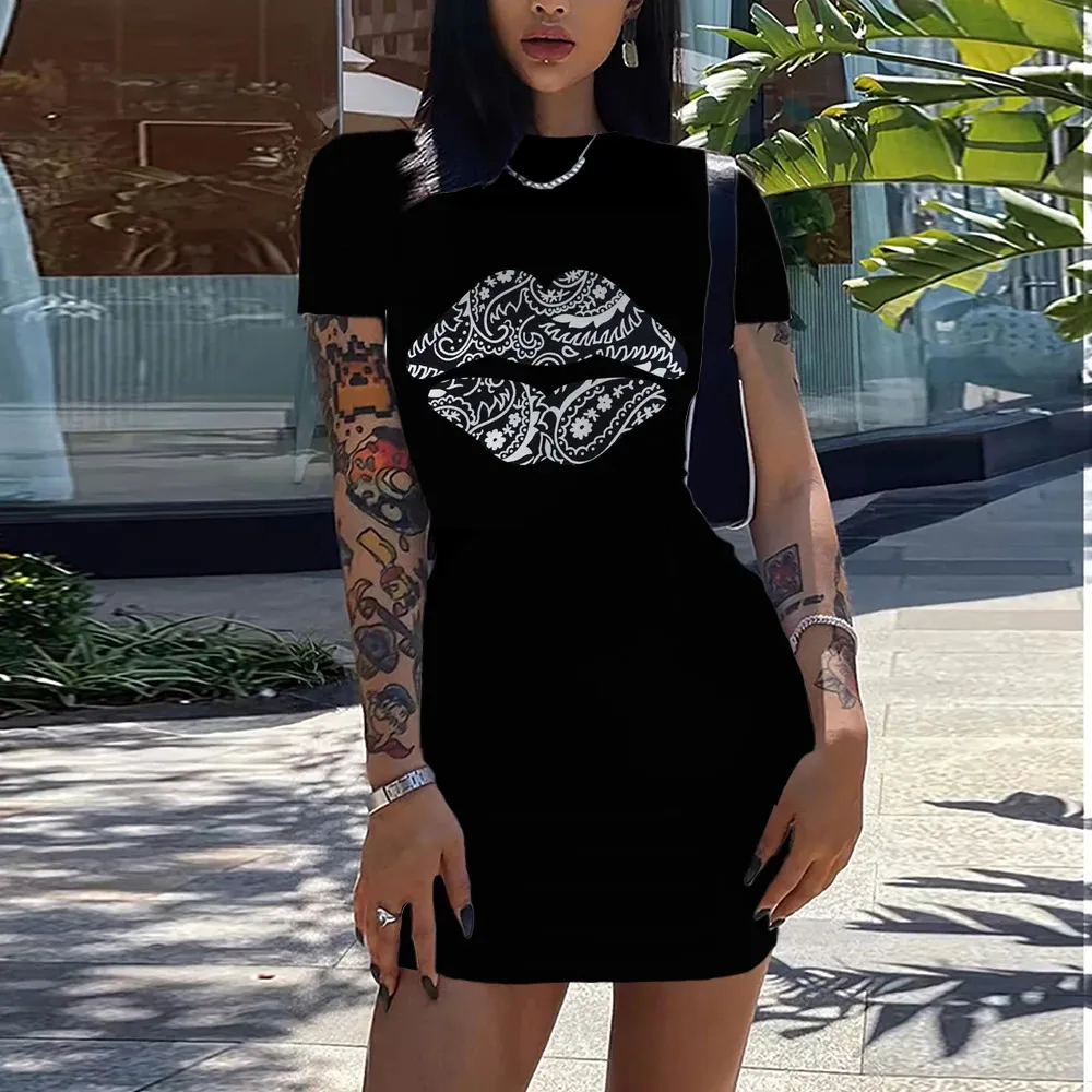 Summer womens Bohemian lip print casual slim fit short sleeved round neck Tshirt mini dress Nightclub Party Black sexy 240426