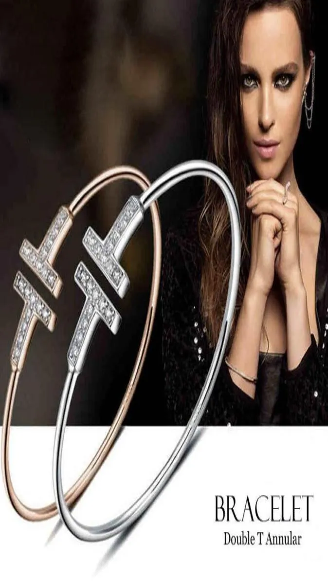 最高品質のチタンスチールダブルTローズゴールドシルバーダイヤモンドラグジュアリーデザイナージュエリー女性ブレスレットバングルメンブレスレット2469718