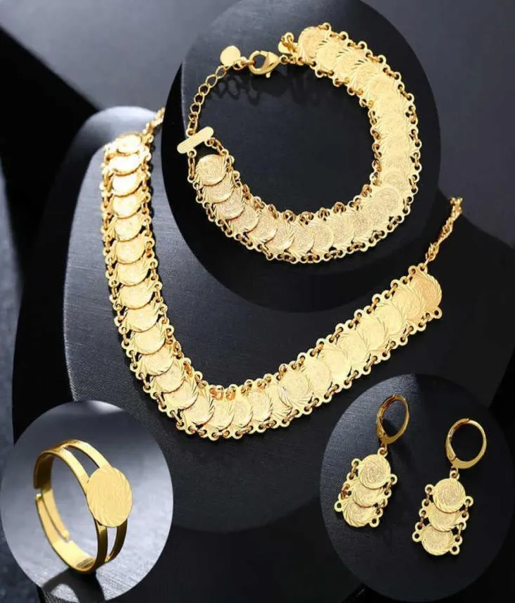 Bijoux de monnaie arabe classiques Ensembles de boucles d'oreilles de collier de couleur dorée Ring Moyen-Orient pour les femmes musulmanes Bijoux 2106191332294489313