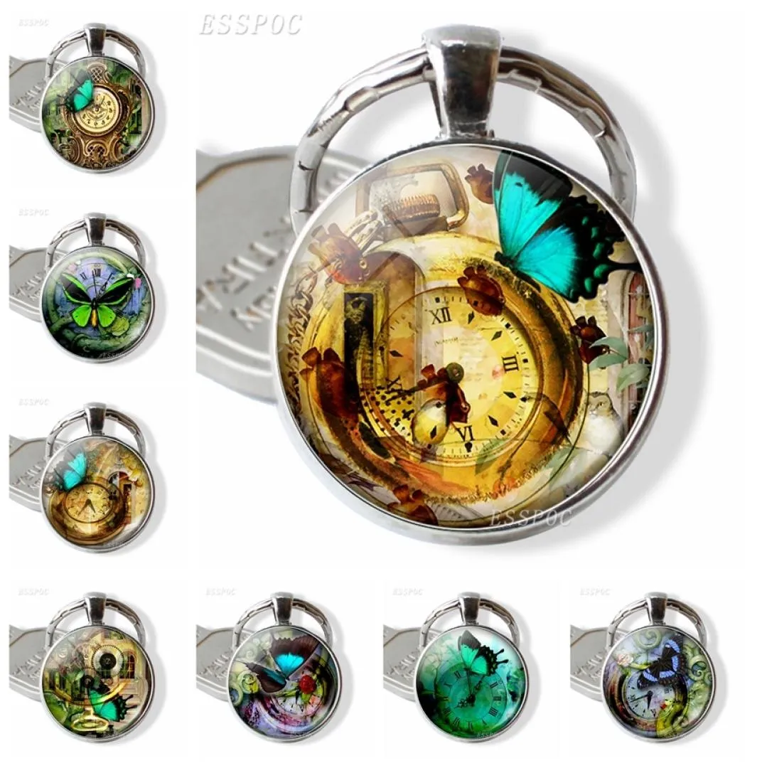 Butterfly and Clock Keychain Romantic Jewelry Butterfly Picture Glass Donme Pendant Metal Keyring Fashion Accessories for Women2910628