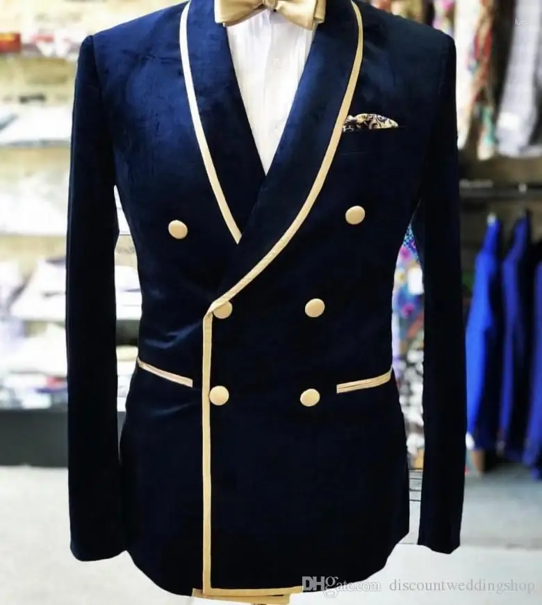 Herrdräkter 1 datorer Navy Blue Velvet Blazer Slim Fit Shawl Lapel Double Breasted Groom Suit Jacket For Men Prom Party Man Fashion Coat