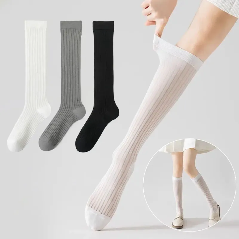 Women Socks Breathable Mid Length Casual Vertical Stripes Cotton Thigh Tights Thin Leggings