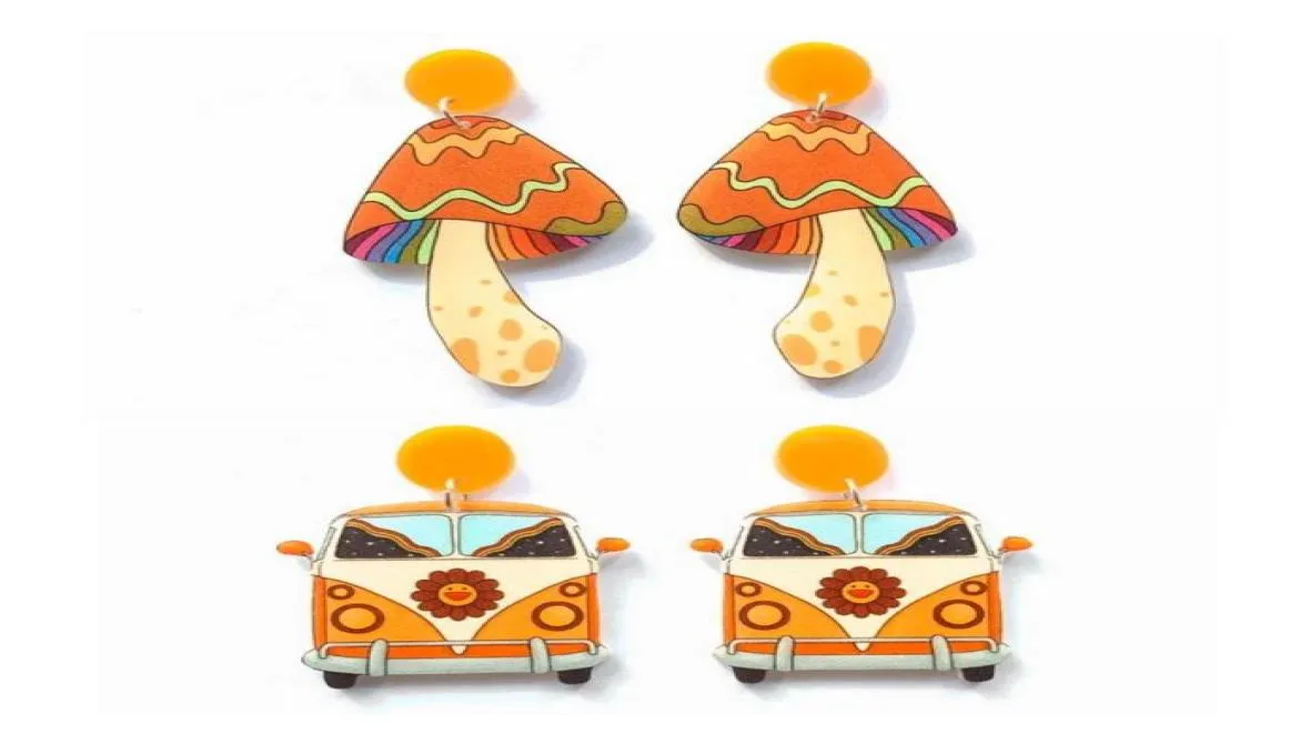 Stud Lovely Colorful Cartoon Mushroom And Trip Car With Flowers UV Print Acrylic Orange Earrings For WomenStud7321511