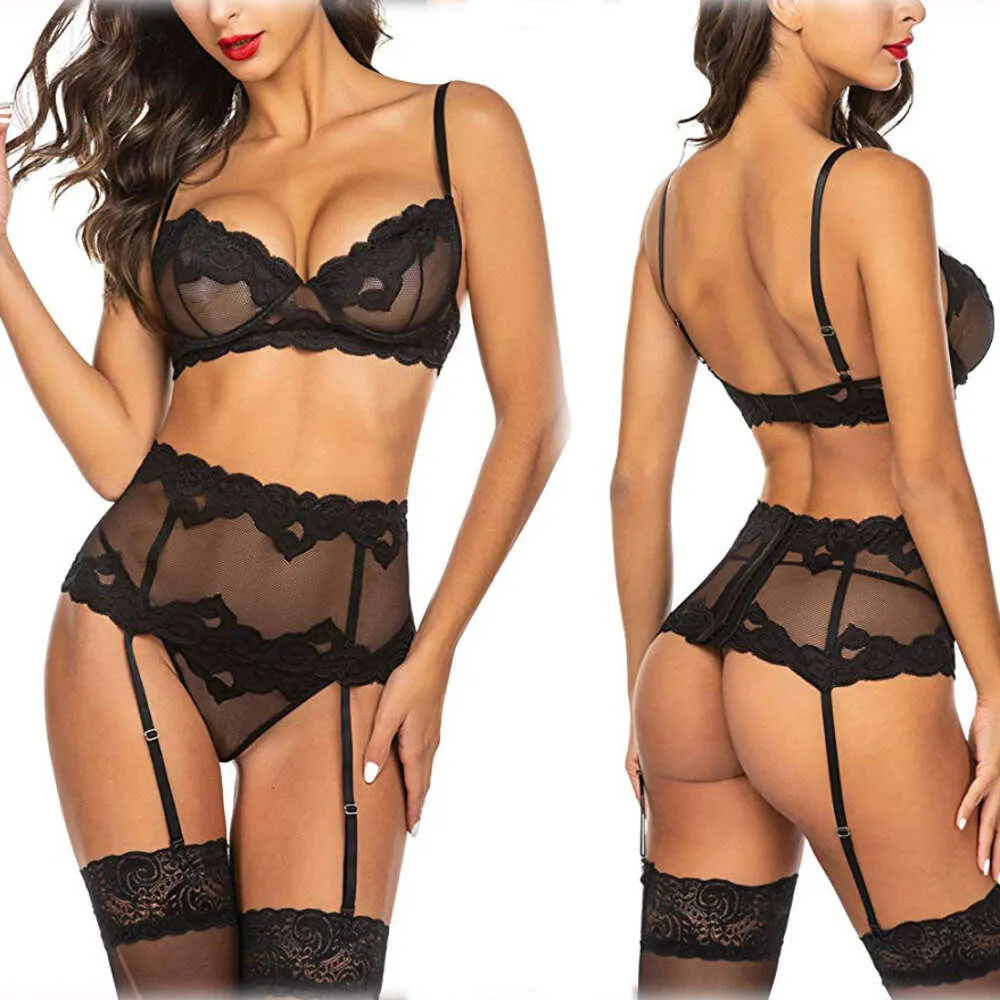 Leuke lingerie sexy dames mesh perspectief kant ondergoed driedelige set