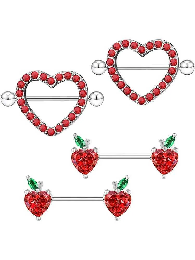 Nipple Rings KUNIU 4-piece Fashion Stainless Steel Heart shaped Apple Chest Ring Female Body Perforated Chest Stud Set Jewelry Y240510