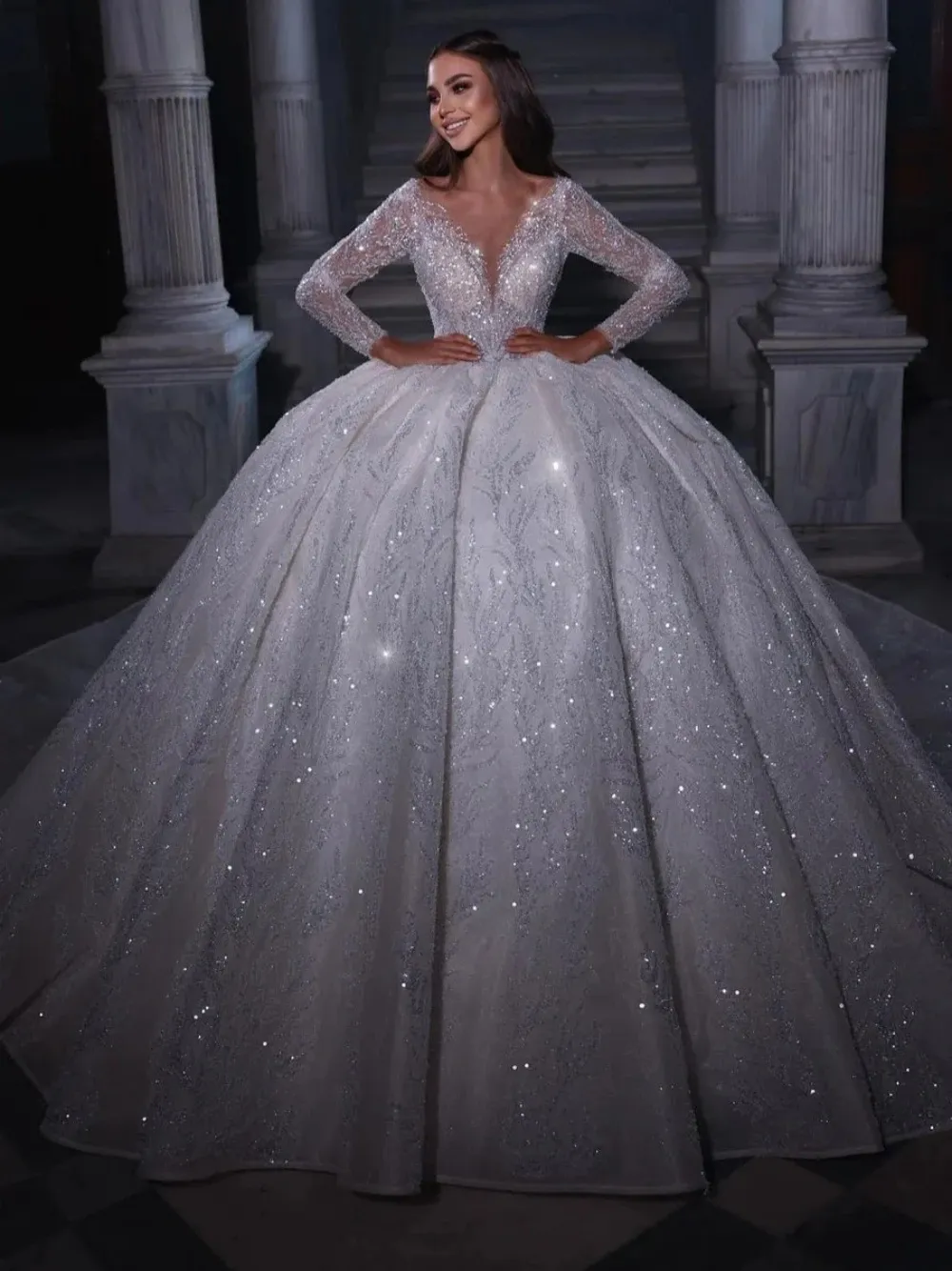 Скромное v-образное платье невесты с длинным рукавом Sparkly Seaders Свадебное платье 2024