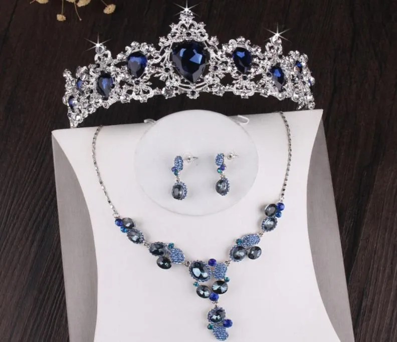 Barokowy luksusowy srebrny niebieski kryształowe zestawy biżuterii ślubnej Naszyjka kolczyka