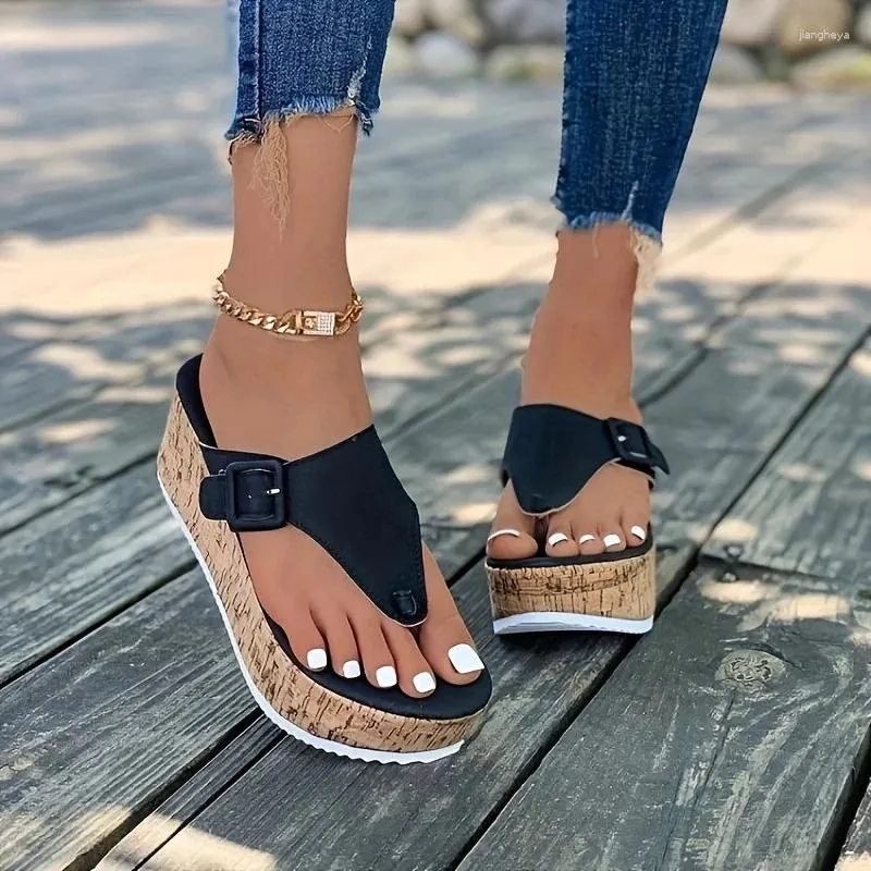 Casual schoenen dames stevige kleur string sandalen zachte zool platform decor dia glijbanen zomerwedge