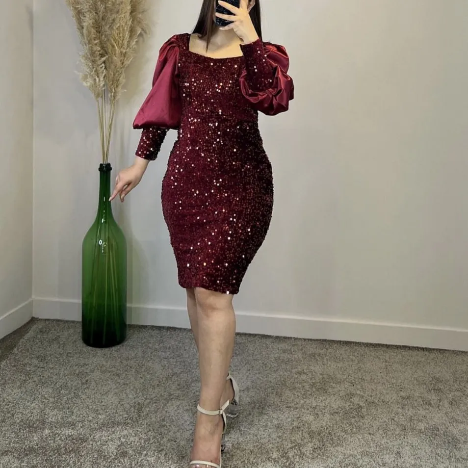 Aso ebi -stijl cocktailjurken Afrikaanse schep nek paarse prom Lange puff mouwen zeemeermin vintage thee lengte Arabische avondjurken 253m 253m