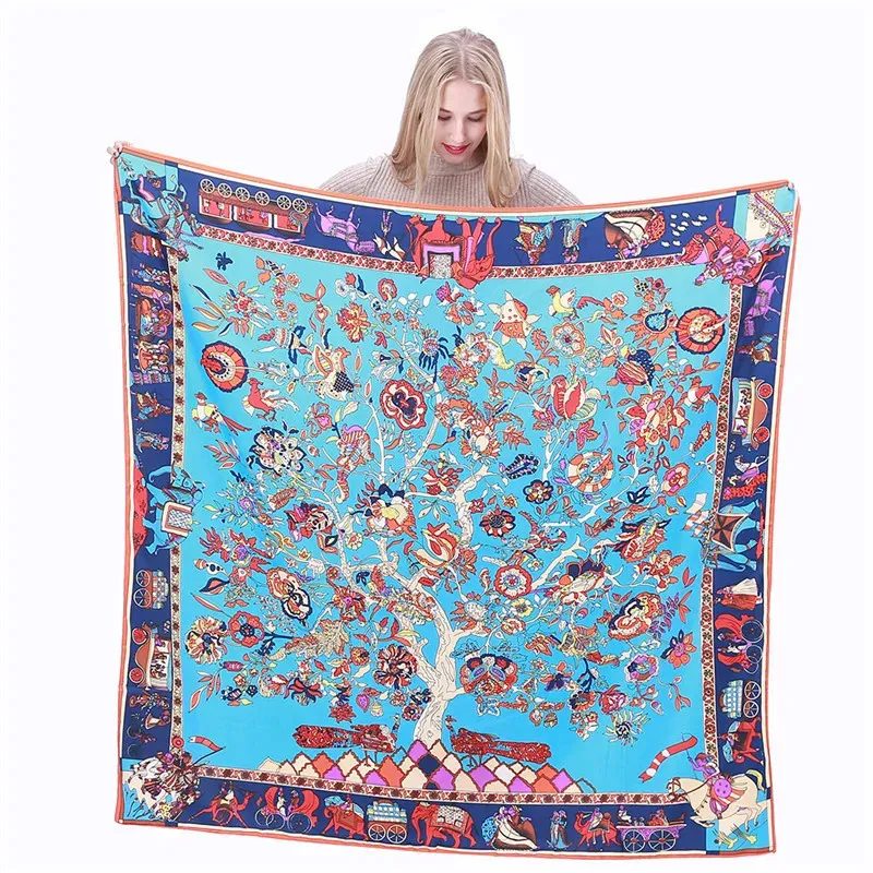 Lesida Pure Silk Scarf Women Stora sjalar Stoles Tree Print Square Scalves Echarpes Foulards Femme Wrap Bandanas 130130cm 1303 240429