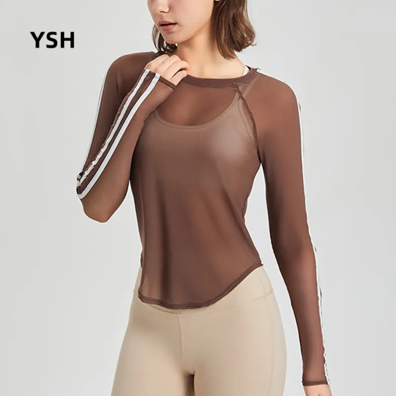 Camicie attive yushuhua mesh sport tops women giunging colori fitness manica lunga yoga top palestra sottile asciugatura rapida allenamento di corsa t