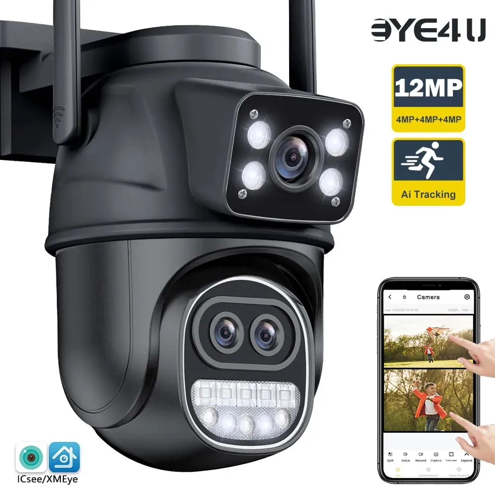 12MP 6K Outdoor Wi -Fi Camera Zoom Три объектива двойные экраны PTZ видеокамеры Автоматическое отслеживание Home Security CCTV 8MP SUPVILLANGE CAM 240506