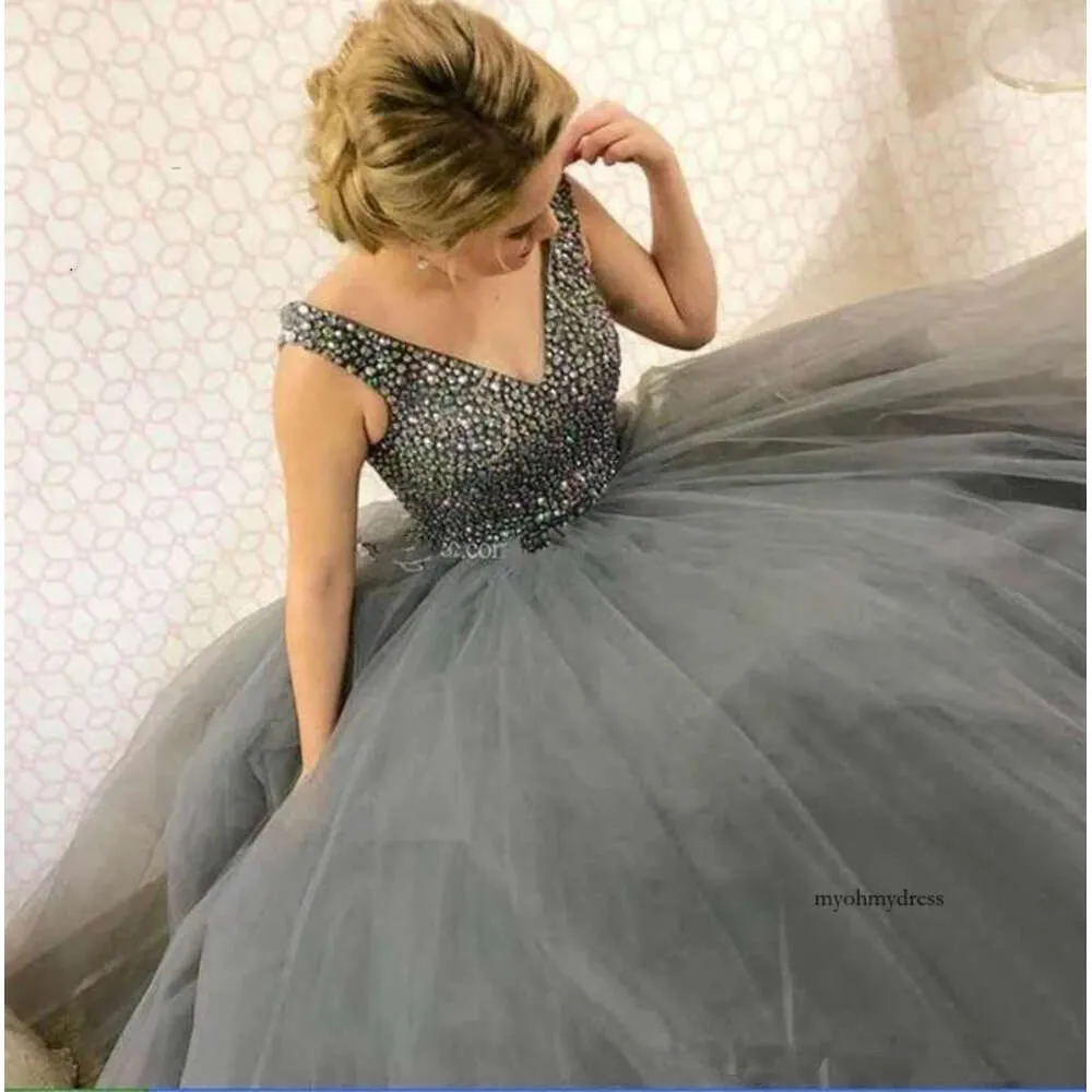 Princess Quinceanera Blue Tulle Beaded Bodice Ball Gown Prom Dress With Ruffles