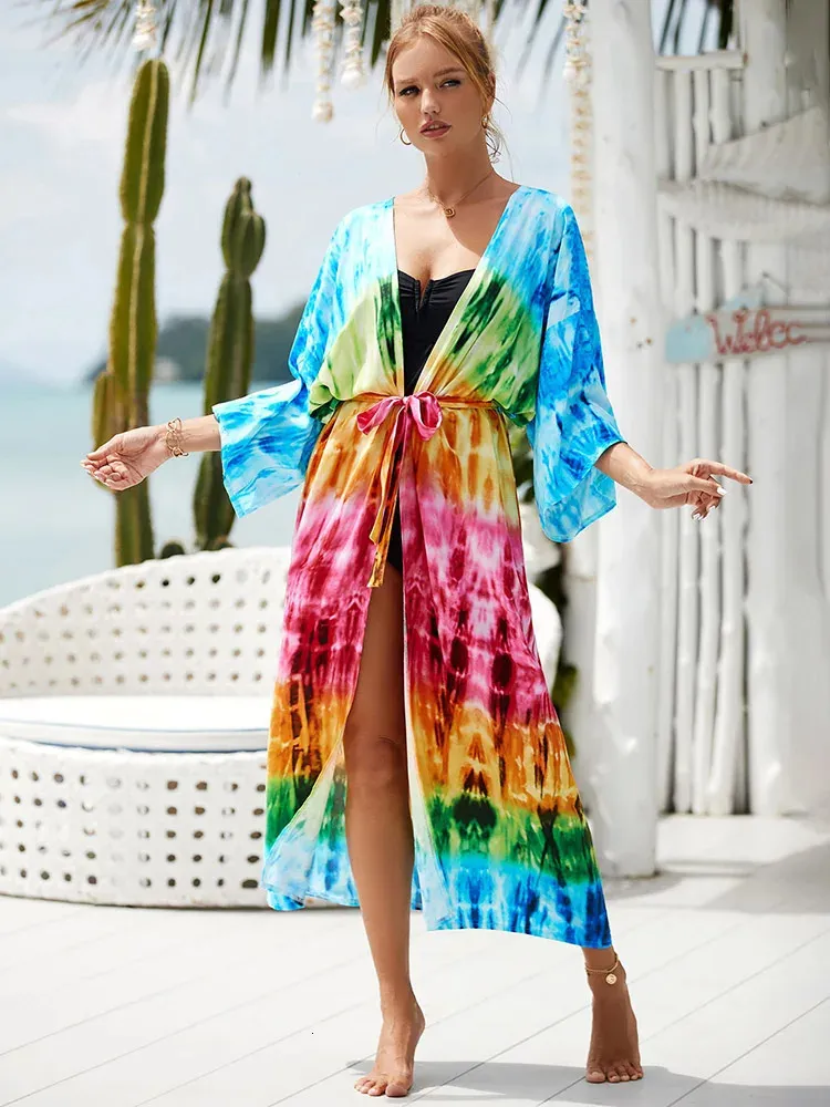 Сексуальные градиентные цветные сокрытия бикини Kimono Pareo Tunic Dres Одежда Summer Beach Wear Женская купальственная одежда для халата 240426