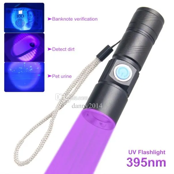 395nm 365nm UV -Lampe USB wiederaufladbare ultraviolette Taschenlampe 3 Modus leistungsstark