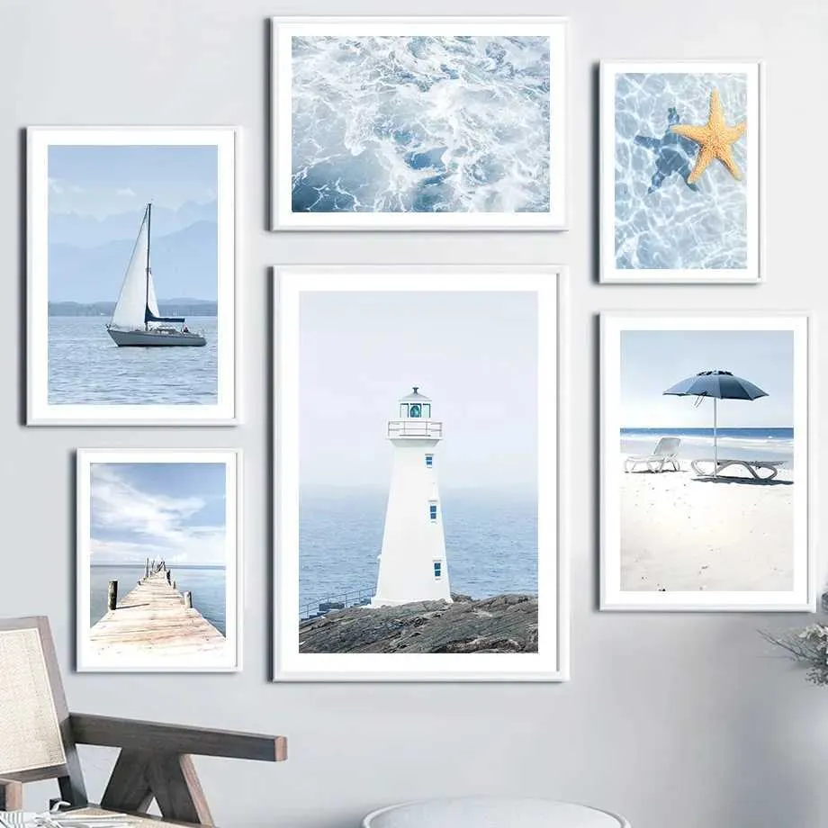 ers Blue Sky Lighthouse Ocean Sailing Shell Wall Art Noordse posters Canvas schilderen en afdrukken Wandfoto's voor woonkamer Decor J240505