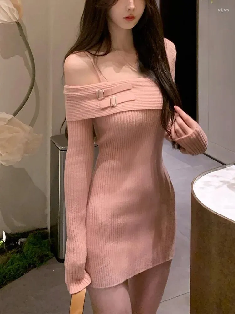 Partykleider 2024 Herbst Stricker Sweater Frauen lässige elegante einteilige Kleider koreanische Büro Lady Y2K Mini weiblich Chic