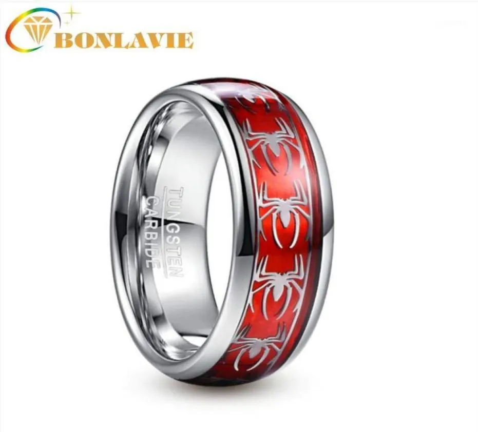 Bröllopsringar Bonlavie 8mm Wide Inlaid Red Opal Paper Spider Motiv Tungsten Steel Men039S Ring Band Carbide Ring12153920