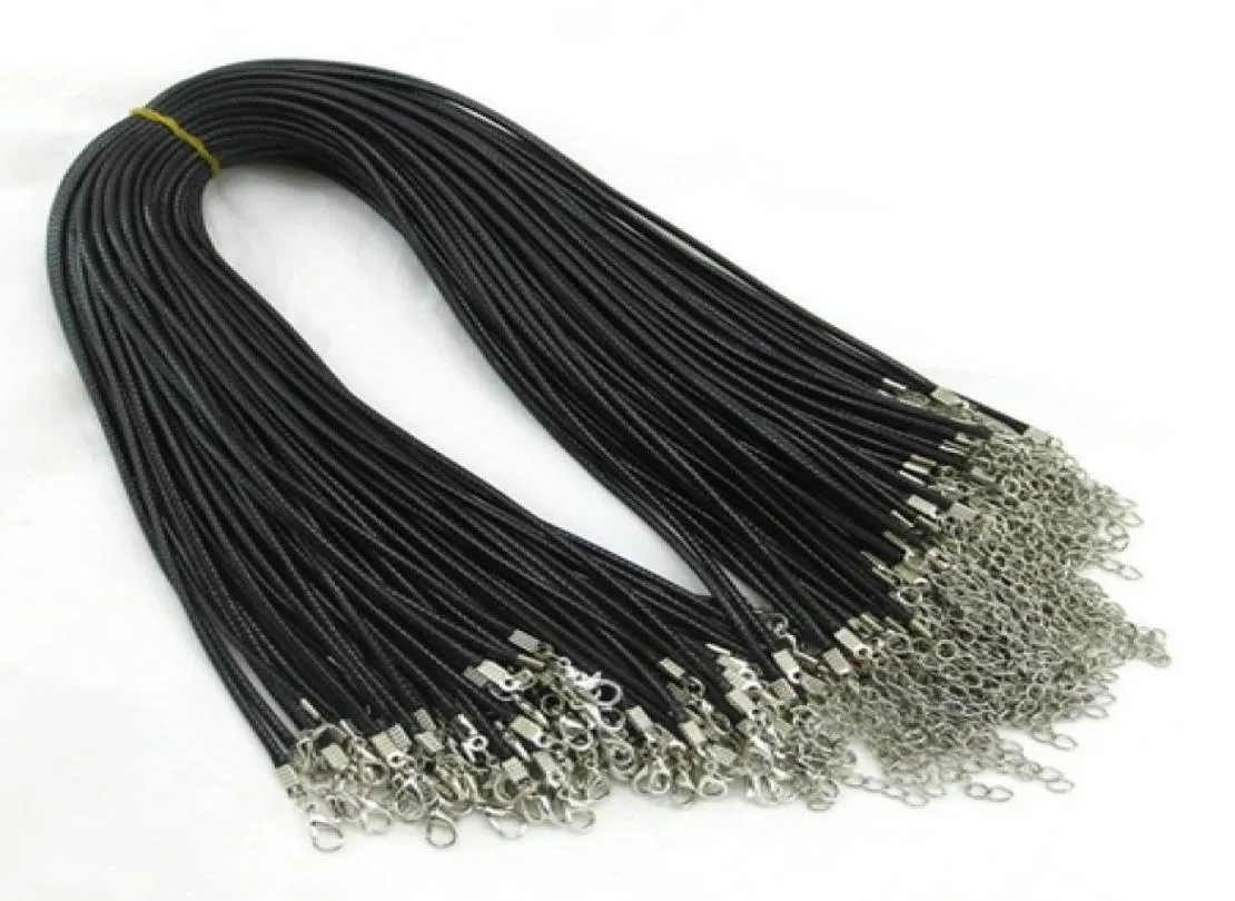 100st 1,5 mm svart vaxläderkedjor förvarare pärlor sträng reptråd 45 cm+5 cm förlängningsarmband kedjalobster lås diy8946320