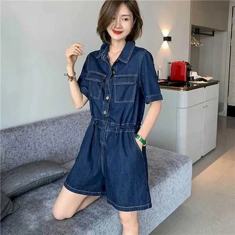 Kvinnors jumpsuits rompers Short Slve Denim Jumpsuits Women Lose Casual Tops One Piece Outfit Women Playsuits Overalls For Women Clothing Button Shorts Y240510